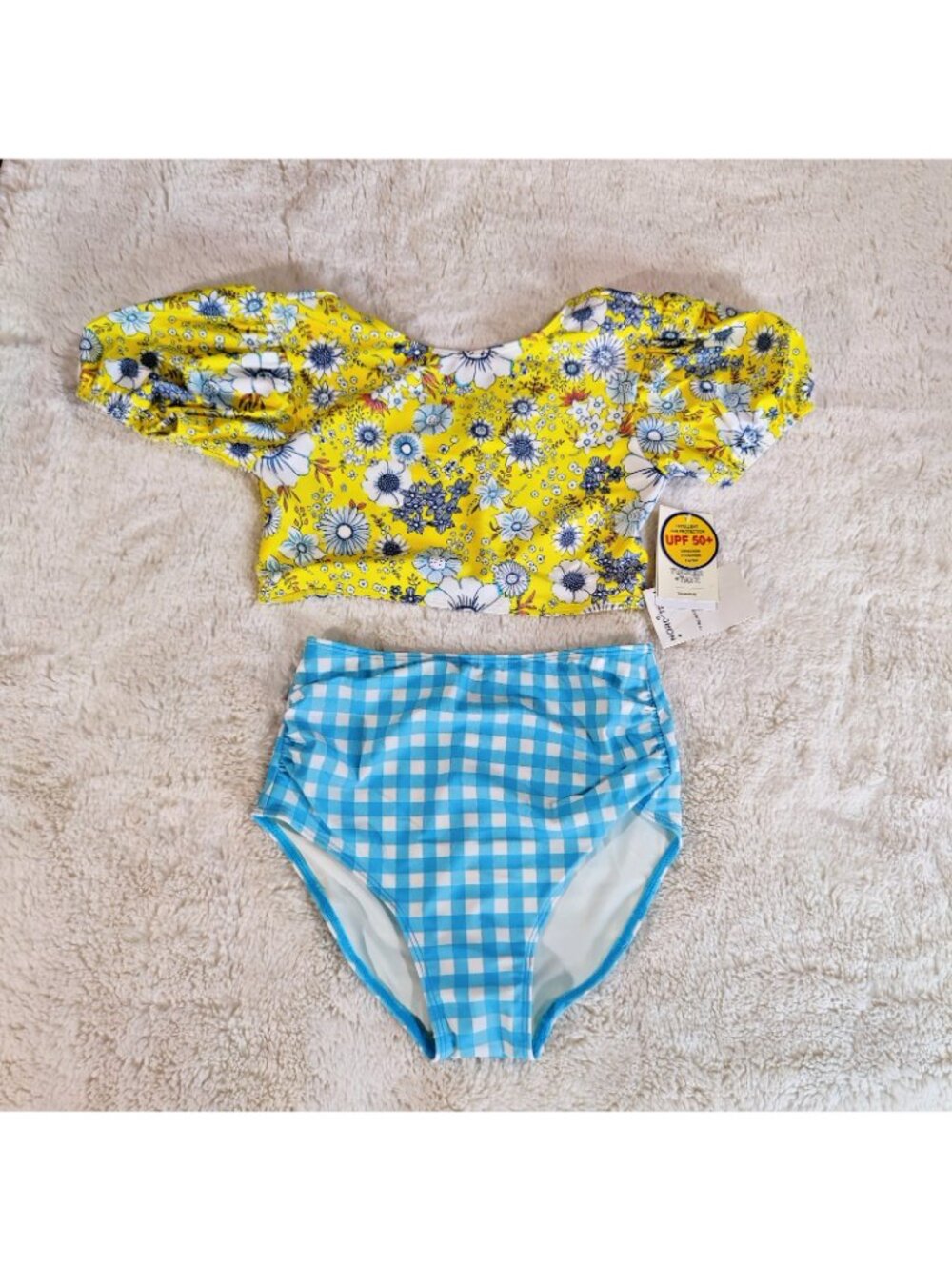 Girl's Tucker + Tate Puff Sleeves High Waist Two-Piece Tankini Swimsuit Blue S 8